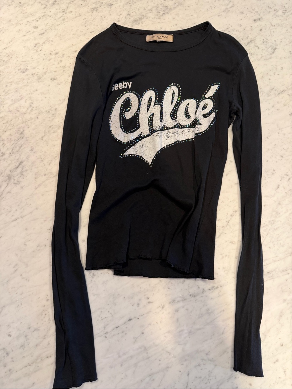See By Chloé Black Long Sleeve Logo Tee with White Graphic